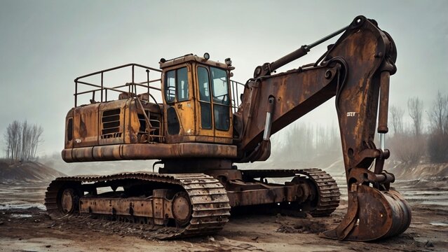 Abandoned and Rusty Excavator in a Gritty Post-Apocalyptic Landscape - Powered by Adobe