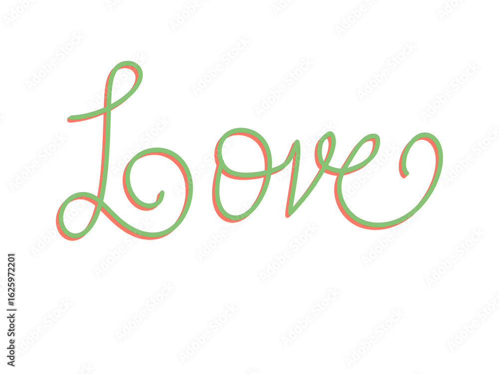 Poster the word love written in a beautiful, flowing script with a soft green and pink gradient, isolated o