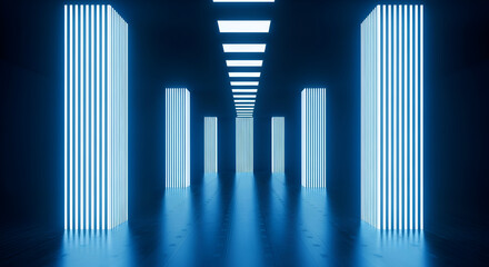 Obraz premium Futuristic corridor with neon lights and modern architecture