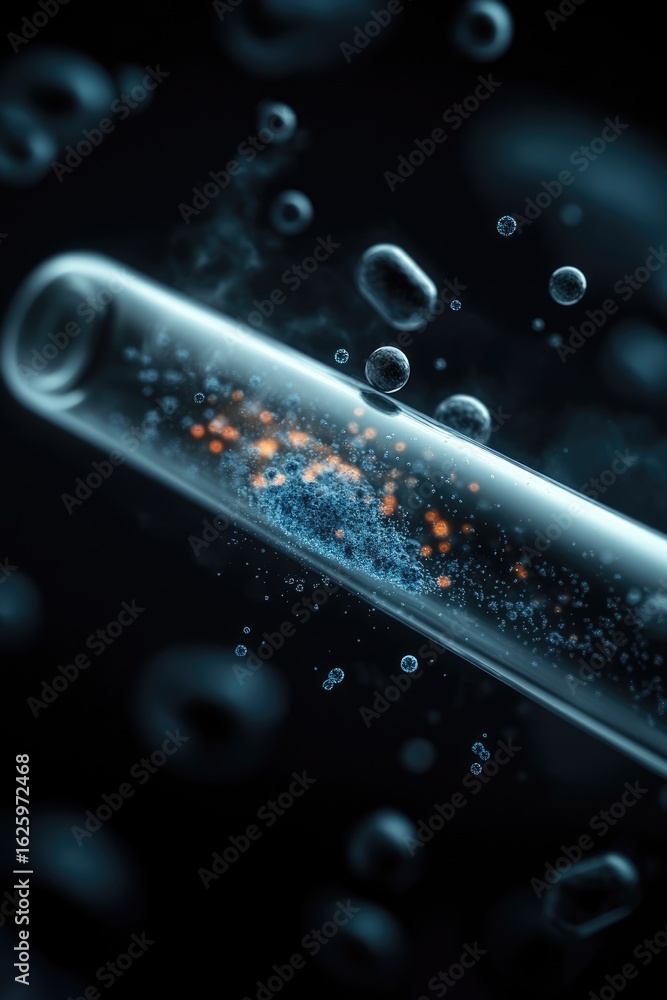 Poster scientific experiment in laboratory test tube analysis dark environment close-up view exploring chem