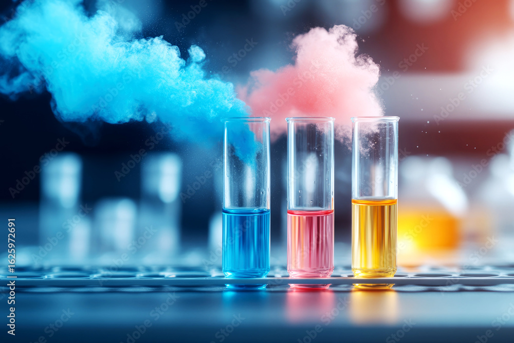 Poster colorful chemical reactions in a science laboratory demonstrating lab techniques and experiments sci