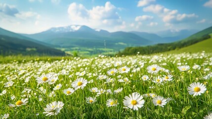 Obraz premium Spring camomile meadow in mountain. Nature landscape scene.