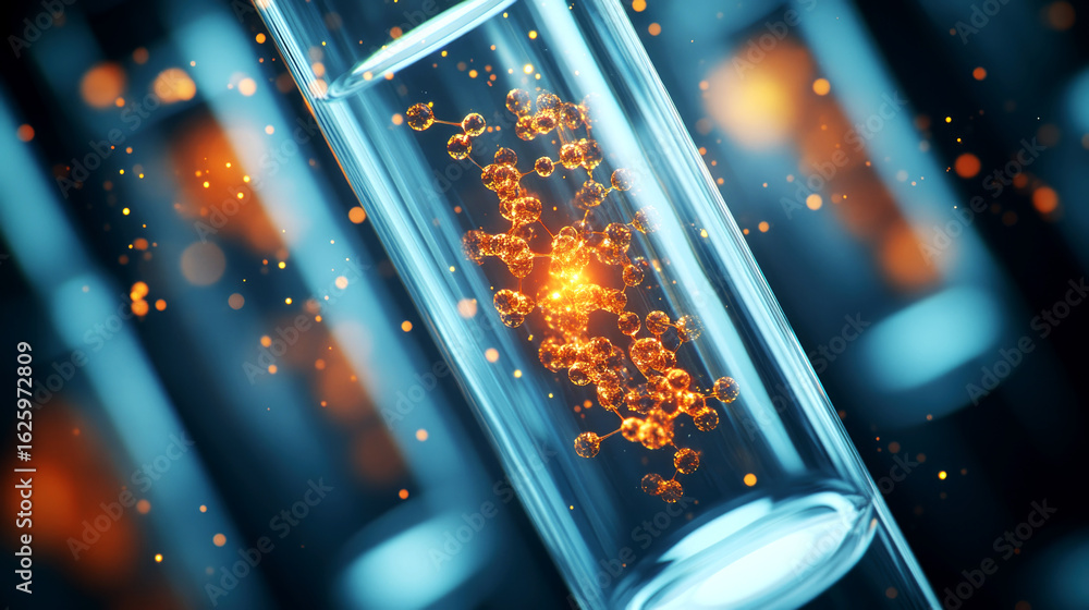 Poster dynamic science experiments in modern laboratory setting test tube with vibrant particles innovative