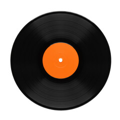 Pristine black vinyl LP with intricate grooves, vibrant blank orange label on a transparent background, top-down studio shot with soft lighting, high-key aesthetic, concept of creative potential