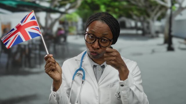Woman with stethoscope playfully gestures with british flag on outdoor terrace, mixing humor and professionalism in a relaxed street setting.