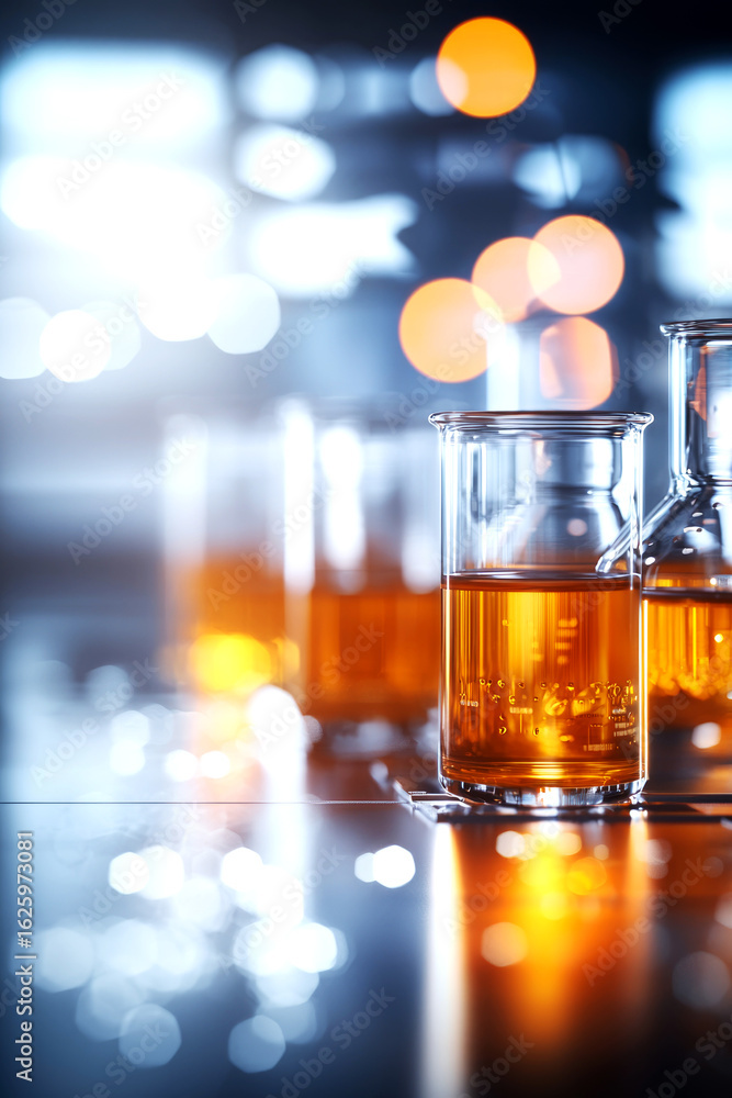 Poster dynamic science experiment in laboratory focus on chemical reaction with orange solutions modern lab