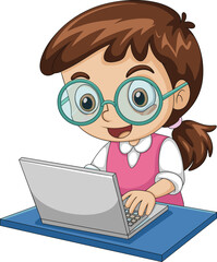 Cute cartoon child using laptop, online learning concept, educational technology, digital study, smart kid with glasses, colorful vector illustration