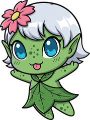 Cute cartoon green fairy girl character with flower on head, big blue eyes, fantasy leaf dress, magical creature, vector art