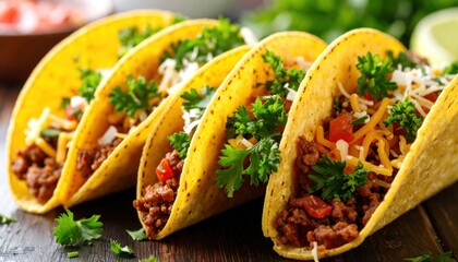 Delicious Tacos with Ground Beef, Cheese, and Fresh Parsley on Wooden Surface