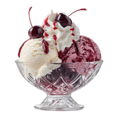 Vanilla and berry ice cream sundae with whipped cream sauce and cherries in a glass dish