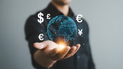 Global finance and digital currency concept with earth globe and money symbols