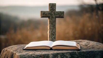 Bible placed on stone with carved cross — enduring strength of scripture
