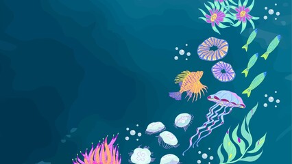 Colorful Underwater World Illustration with Marine Life and Copy Space