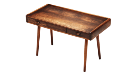 Birds-eye view of Scandinavian vintage writing table, clean lines, isolated on a Transparent background, PNG file.