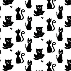 black cat cute cartoon hand drawn craft seamless pattern