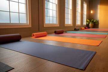 Yoga class in the fitness, Heathy exercise class, Peaceful meditation for breath controlling class in the gym, Group of healthy people on slow work out class.