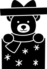 Holiday teddy bear sitting in a Christmas gift box silhouette isolated.
Cute bear sitting in a Christmas gift box black silhouette.
Transparent background. SVG.