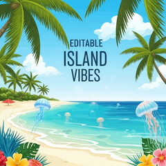 Colorful Cartoon Tropical Island Beach Landscape with Jellyfish Illustration