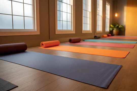 Yoga class in the fitness, Heathy exercise class, Peaceful meditation for breath controlling class in the gym, Group of healthy people on slow work out class.