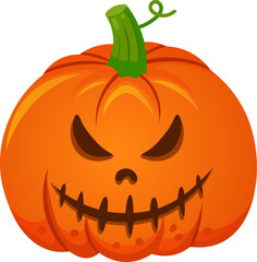 Halloween pumpkin with spooky face looking menacing with triangular eyes and carved mouth, isolated on white background, ideal for halloween projects