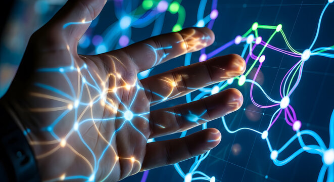 Corporate leader in a futuristic office analyzing global economic growth and data on a large digital screen.