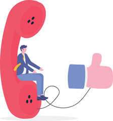 Flat illustration of sales agent entrepreneur talks on telephone call and stand on thumbs up feedback promoting to clients and generating leads or prospect
