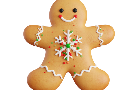Flat-Lay Gingerbread Cookie with Snowflake Icing Pattern and Sprinkles, Top-Down View, Isolated on Transparent Background PNG