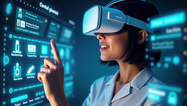 A woman  futuristic augmented reality interface displaying a virtual image on monitor and focus to understand it and its a technology to communication and run business