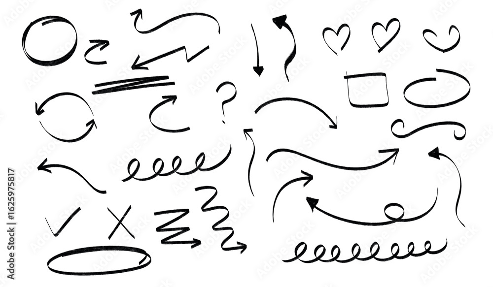 Poster collection of handdrawn arrow and doodle elements isolated on transparent background