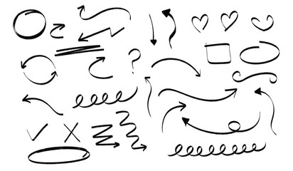 Collection of handdrawn arrow and doodle elements isolated on transparent background