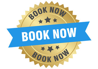 book now. book now round blue and gold label isolated on transparent background