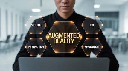 Professional uses augmented reality on laptop for virtual interaction, 3D simulation and innovative technology, enhancing modern experiences in business and lifestyle applications