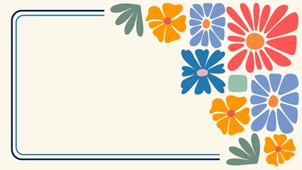 Retro floral frame with colorful abstract flowers. Vintage 70s style background with copy space.