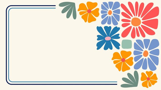 Retro floral frame with colorful abstract flowers. Vintage 70s style background with copy space.