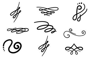 Collection of nine decorative black ink flourishes and swirls isolated on transparent background