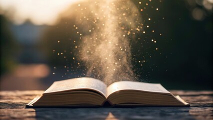 Light particles rising from Bible pages — living word and spiritual awakening
