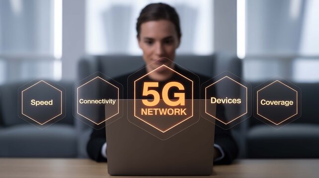 Futuristic 5G network concept with a businesswoman using a laptop, showing key features like speed, connectivity, and coverage on a hologram. - Powered by Adobe
