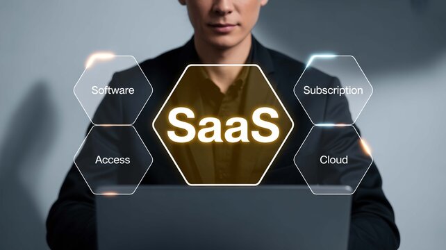 Business professional using SaaS software with cloud subscription access on laptop for modern technology solutions