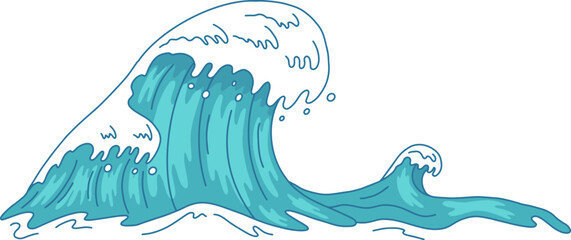 Stylized drawing of a big ocean wave curling and breaking with foam on white background, representing power of nature, surfing, travel and vacation © WinWin