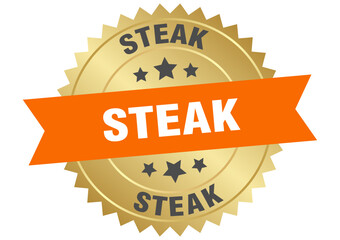 steak. steak round orange and gold label isolated on transparent background