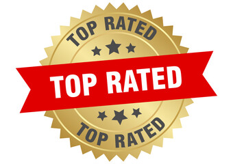 top rated. top rated round red and gold label isolated on transparent background