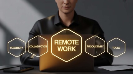 Remote work concept presented with flexibility, collaboration, productivity, and tools, ideal for modern business solutions and innovative strategies