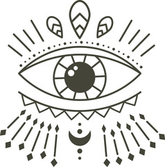 Linear drawing of an eye with radiating esoteric energy, crescent moon, and decorative elements, creating a mystical and spiritual atmosphere