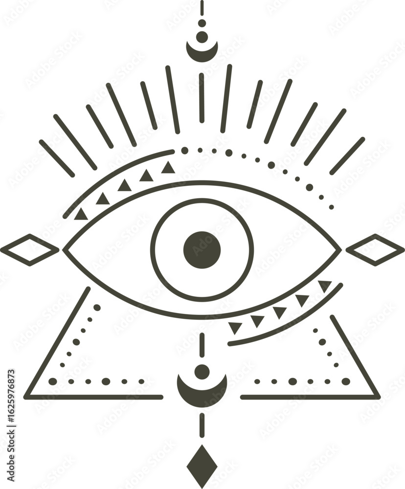 Poster linear drawing of an eye within a triangle radiating light, adorned with esoteric geometric shapes l
