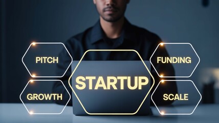 Entrepreneur brainstorming startup ideas with laptop, visualizing funding, growth, and scale opportunities for business success