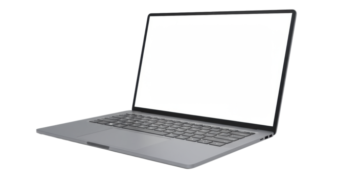 Sleek dark grey laptop, open, blank screen, keyboard, trackpad, on transparent background, studio lighting, copy space. Concept of digital innovation and potential
