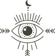 Eye of providence with moon and arrows symbolizing spirituality, intuition and mystical vision, creating a powerful esoteric symbol with a minimalist design