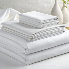 folded white bed sheets on white background
