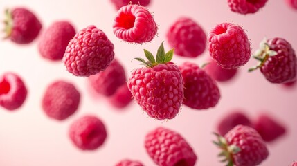 Fresh ripe raspberries falling in mid-air on pastel pink background, vibrant summer fruit concept with motion, healthy organic berries for clean eating and dessert design




