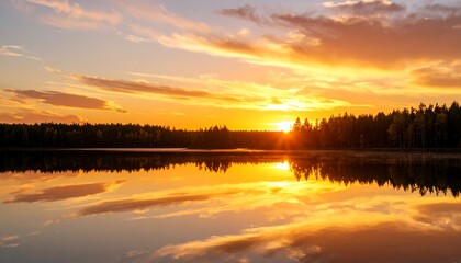 Obraz premium Calm lake reflecting a vibrant sunset over a silhouetted forest